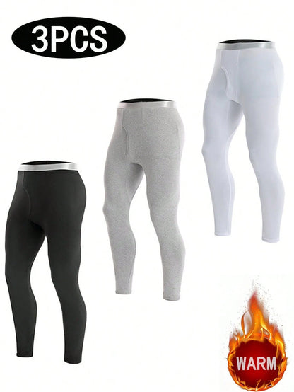 3pcs Men's Fashionable Mixed Color Thin Thermal Underwear Set, Elastic Sports Fitted Leggings, Warm Long Pants For Autumn/Winter