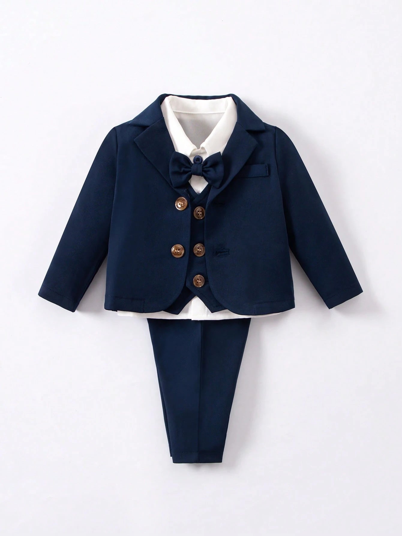3pcs Newborn Baby Boy Cute Gentleman Outfit Set,Navy Blue Autumn Elegant Party Cruise Prince Suit Jacket Pants With Gold Buttons Bow For Birthday