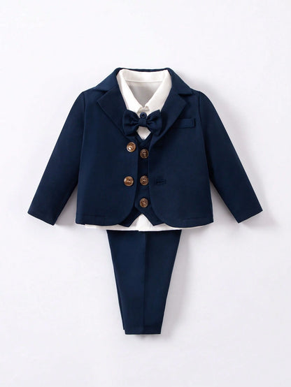 3pcs Newborn Baby Boy Cute Gentleman Outfit Set,Navy Blue Autumn Elegant Party Cruise Prince Suit Jacket Pants With Gold Buttons Bow For Birthday