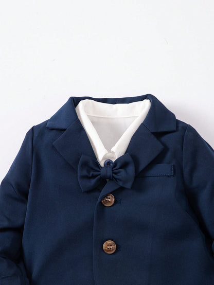 3pcs Newborn Baby Boy Cute Gentleman Outfit Set,Navy Blue Autumn Elegant Party Cruise Prince Suit Jacket Pants With Gold Buttons Bow For Birthday