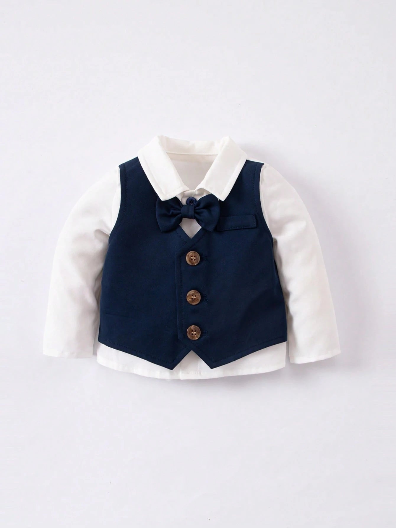 3pcs Newborn Baby Boy Cute Gentleman Outfit Set,Navy Blue Autumn Elegant Party Cruise Prince Suit Jacket Pants With Gold Buttons Bow For Birthday