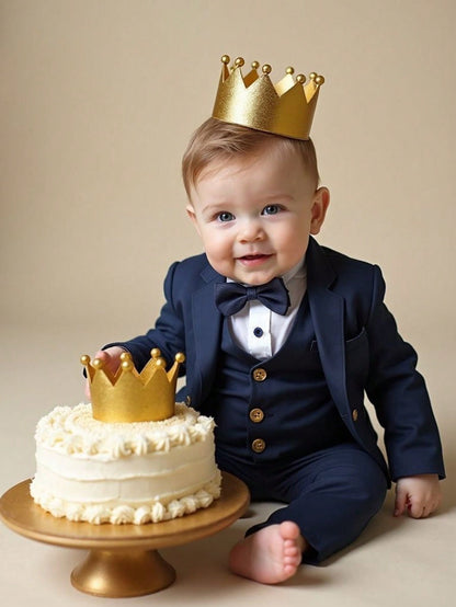 3pcs Newborn Baby Boy Cute Gentleman Outfit Set,Navy Blue Autumn Elegant Party Cruise Prince Suit Jacket Pants With Gold Buttons Bow For Birthday