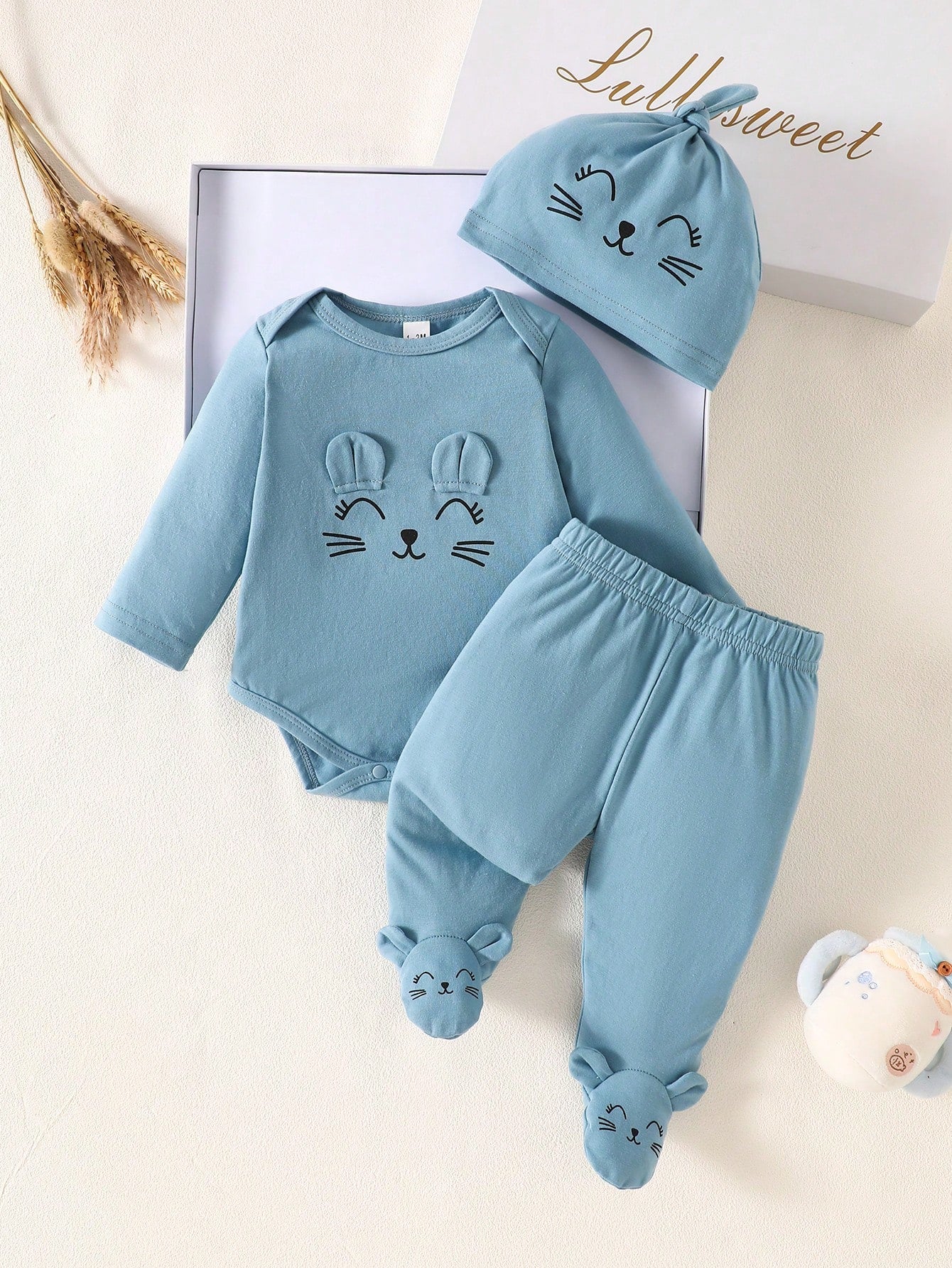 3pcs Newborn Baby Cat Face Print Long Sleeve Romper Pants And Hat Beige Autumn Cotton Outfit Neutral