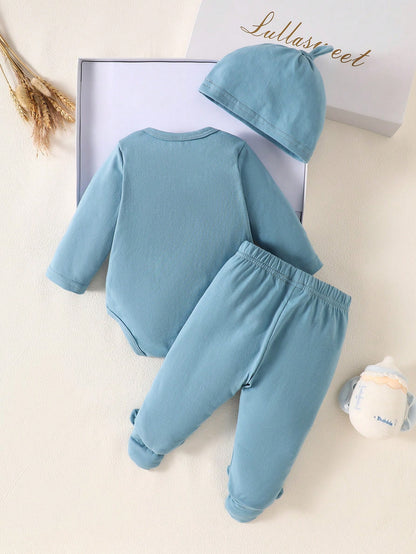3pcs Newborn Baby Cat Face Print Long Sleeve Romper Pants And Hat Beige Autumn Cotton Outfit Neutral