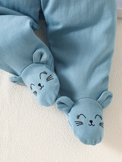3pcs Newborn Baby Cat Face Print Long Sleeve Romper Pants And Hat Beige Autumn Cotton Outfit Neutral