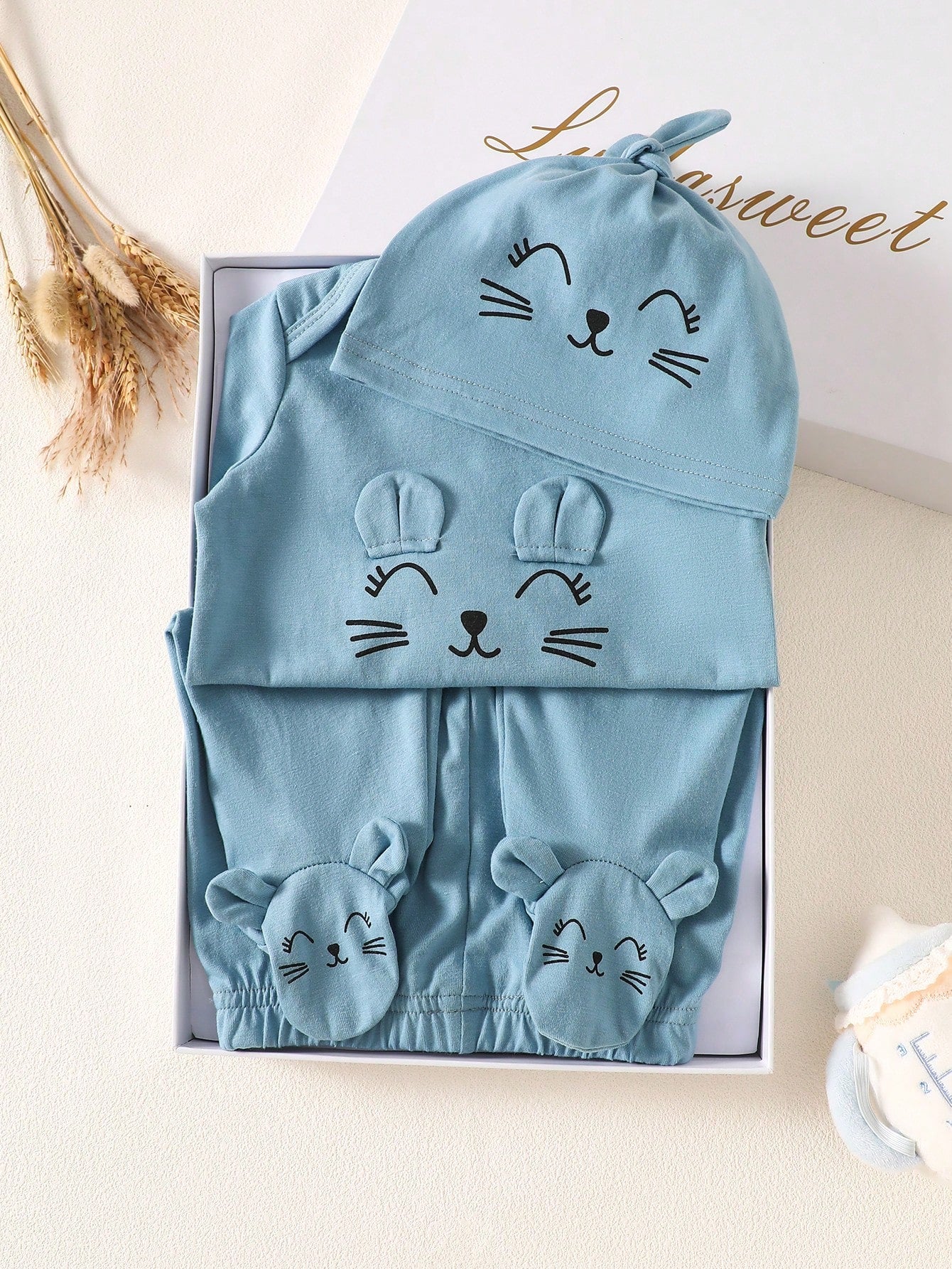 3pcs Newborn Baby Cat Face Print Long Sleeve Romper Pants And Hat Beige Autumn Cotton Outfit Neutral
