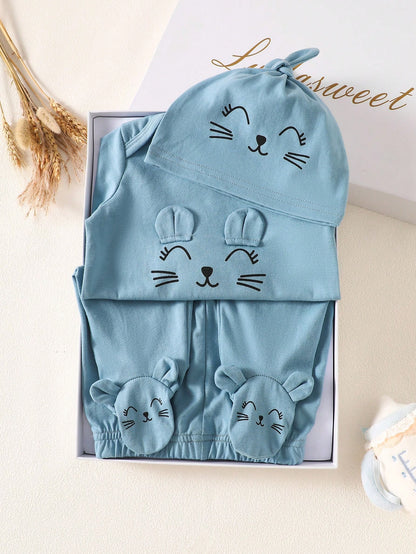 3pcs Newborn Baby Cat Face Print Long Sleeve Romper Pants And Hat Beige Autumn Cotton Outfit Neutral