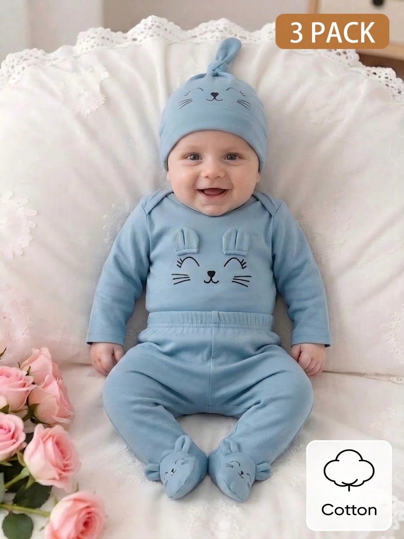 3pcs Newborn Baby Cat Face Print Long Sleeve Romper Pants And Hat Beige Autumn Cotton Outfit Neutral