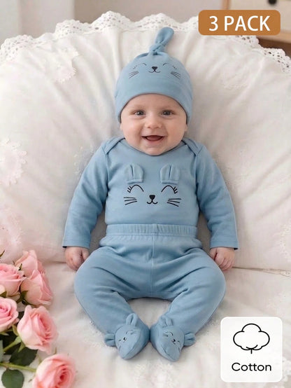 3pcs Newborn Baby Cat Face Print Long Sleeve Romper Pants And Hat Beige Autumn Cotton Outfit Neutral