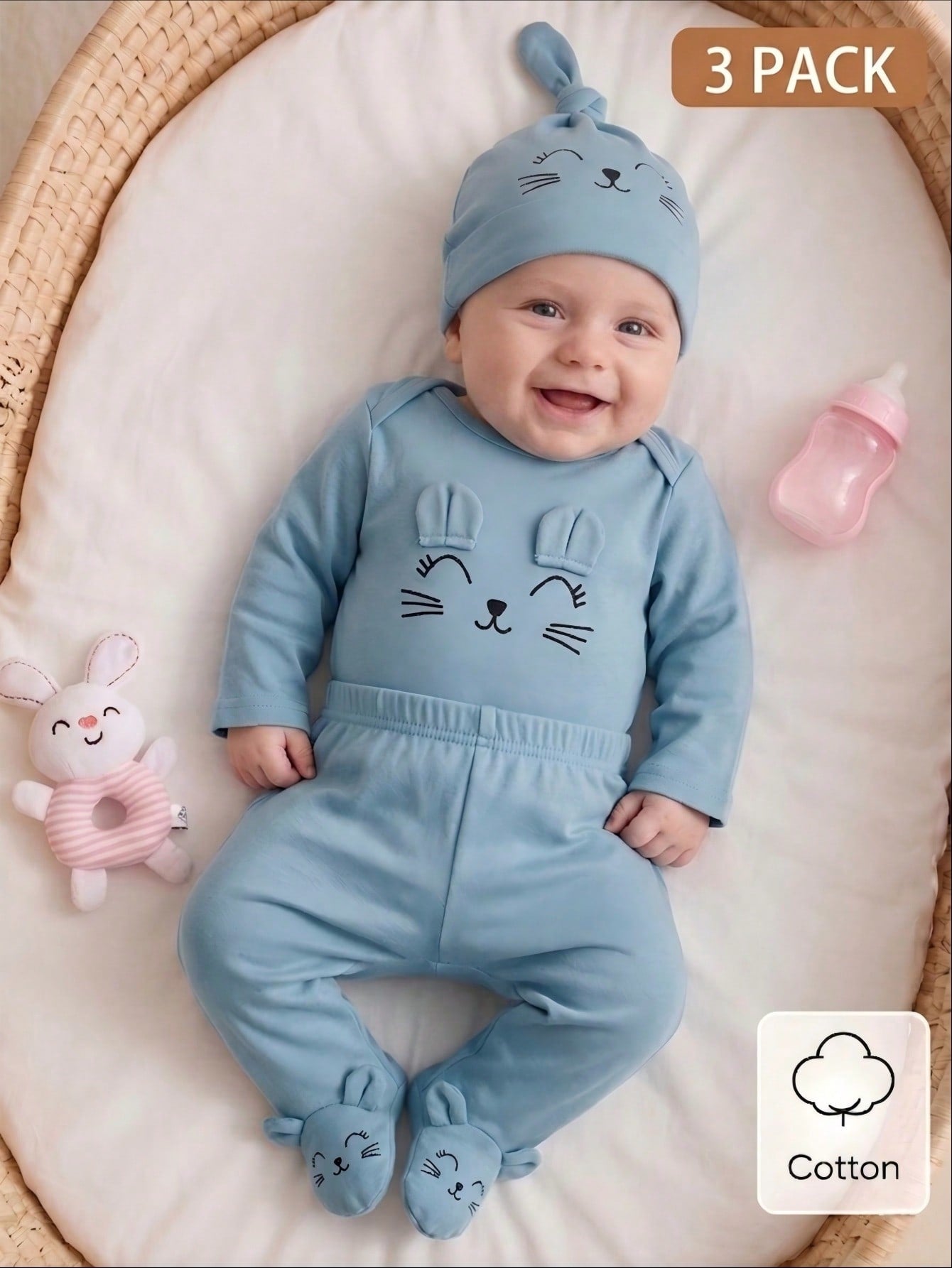 3pcs Newborn Baby Cat Face Print Long Sleeve Romper Pants And Hat Beige Autumn Cotton Outfit Neutral