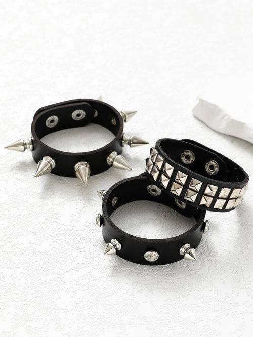 3pcs Personalized Simple Punk Dark Rock Style Men's Pu Leather Bracelet, Couple Bracelet, Student Bracelet
