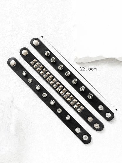 3pcs Personalized Simple Punk Dark Rock Style Men's Pu Leather Bracelet, Couple Bracelet, Student Bracelet