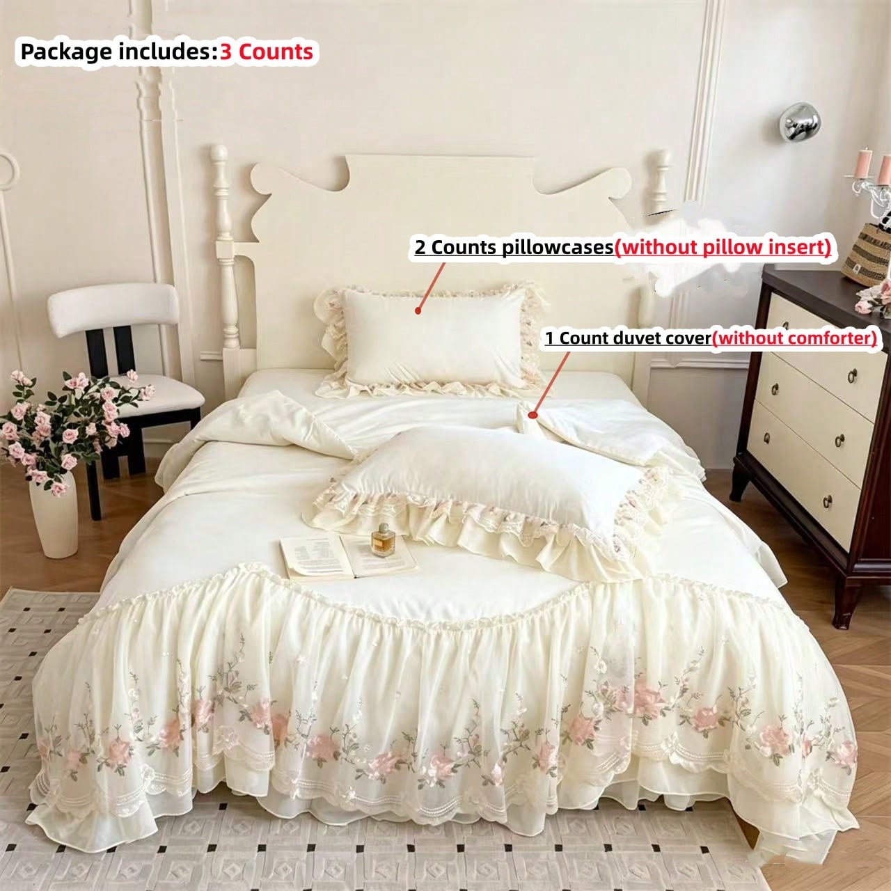 3pcs Princess Style Floral Embroidery Lace Bedding Set, Duvet Cover And Pillowcases (Without Comforter And Pillow Insert)