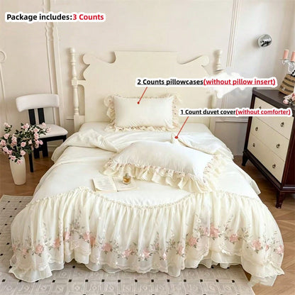 3pcs Princess Style Floral Embroidery Lace Bedding Set, Duvet Cover And Pillowcases (Without Comforter And Pillow Insert)