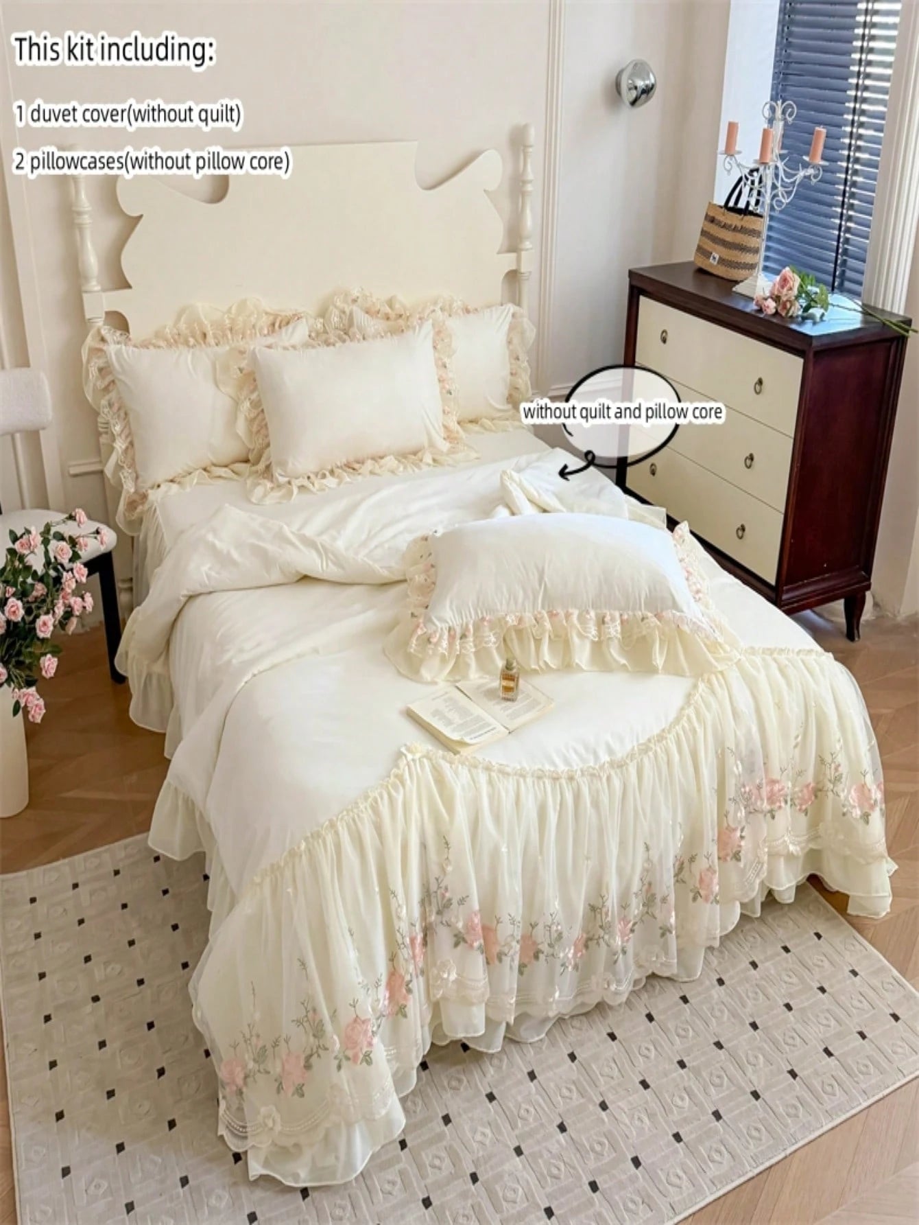3pcs Princess Style Floral Embroidery Lace Bedding Set, Duvet Cover And Pillowcases (Without Comforter And Pillow Insert)