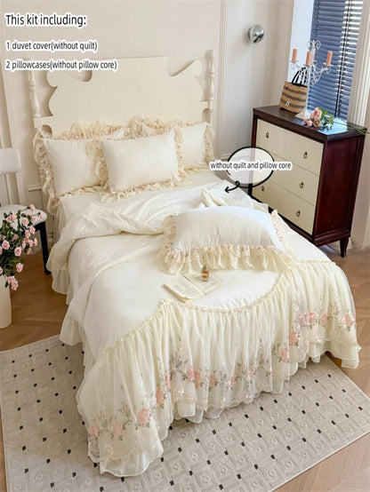 3pcs Princess Style Floral Embroidery Lace Bedding Set, Duvet Cover And Pillowcases (Without Comforter And Pillow Insert)