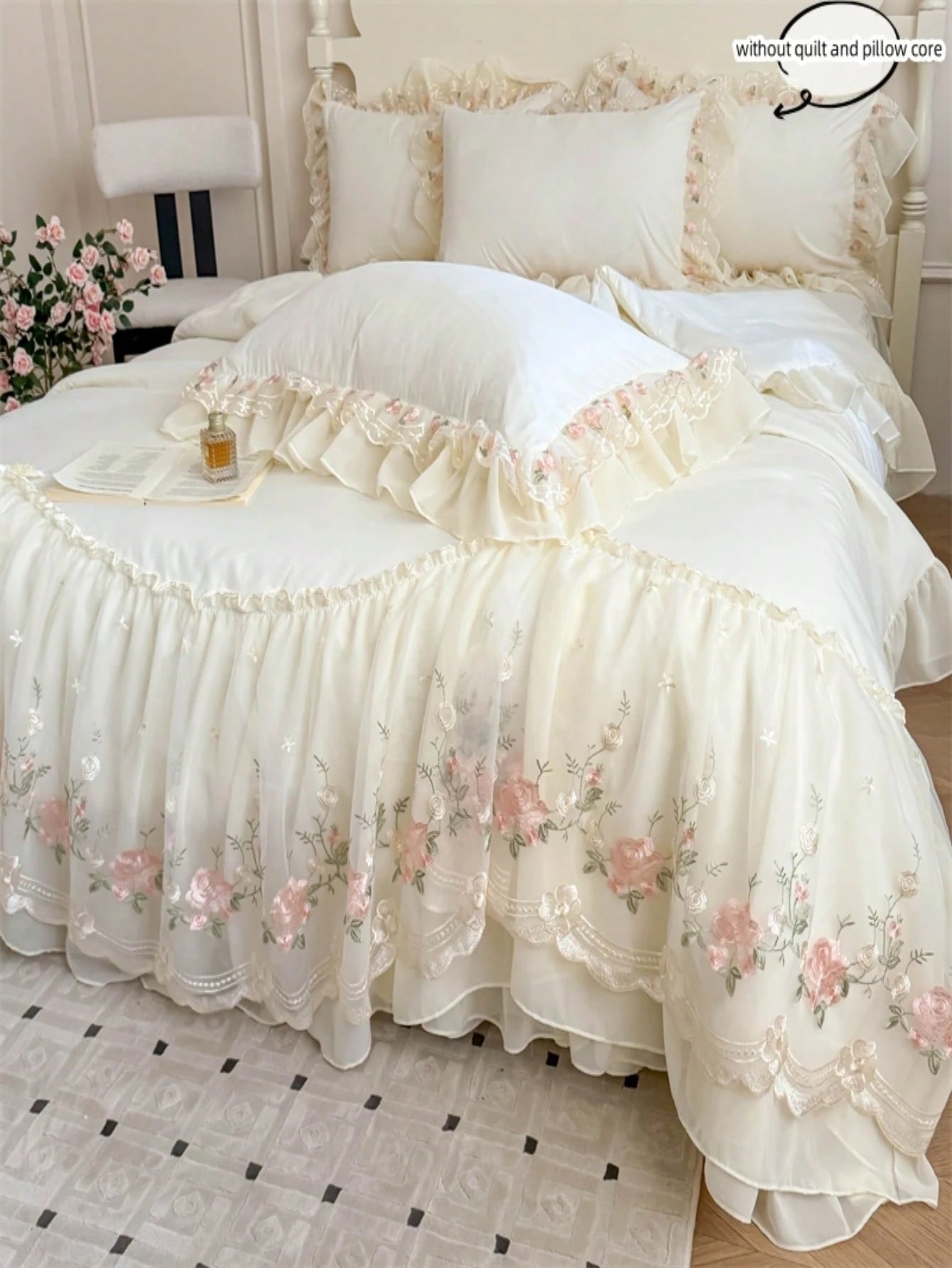 3pcs Princess Style Floral Embroidery Lace Bedding Set, Duvet Cover And Pillowcases (Without Comforter And Pillow Insert)