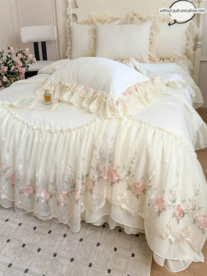 3pcs Princess Style Floral Embroidery Lace Bedding Set, Duvet Cover And Pillowcases (Without Comforter And Pillow Insert)