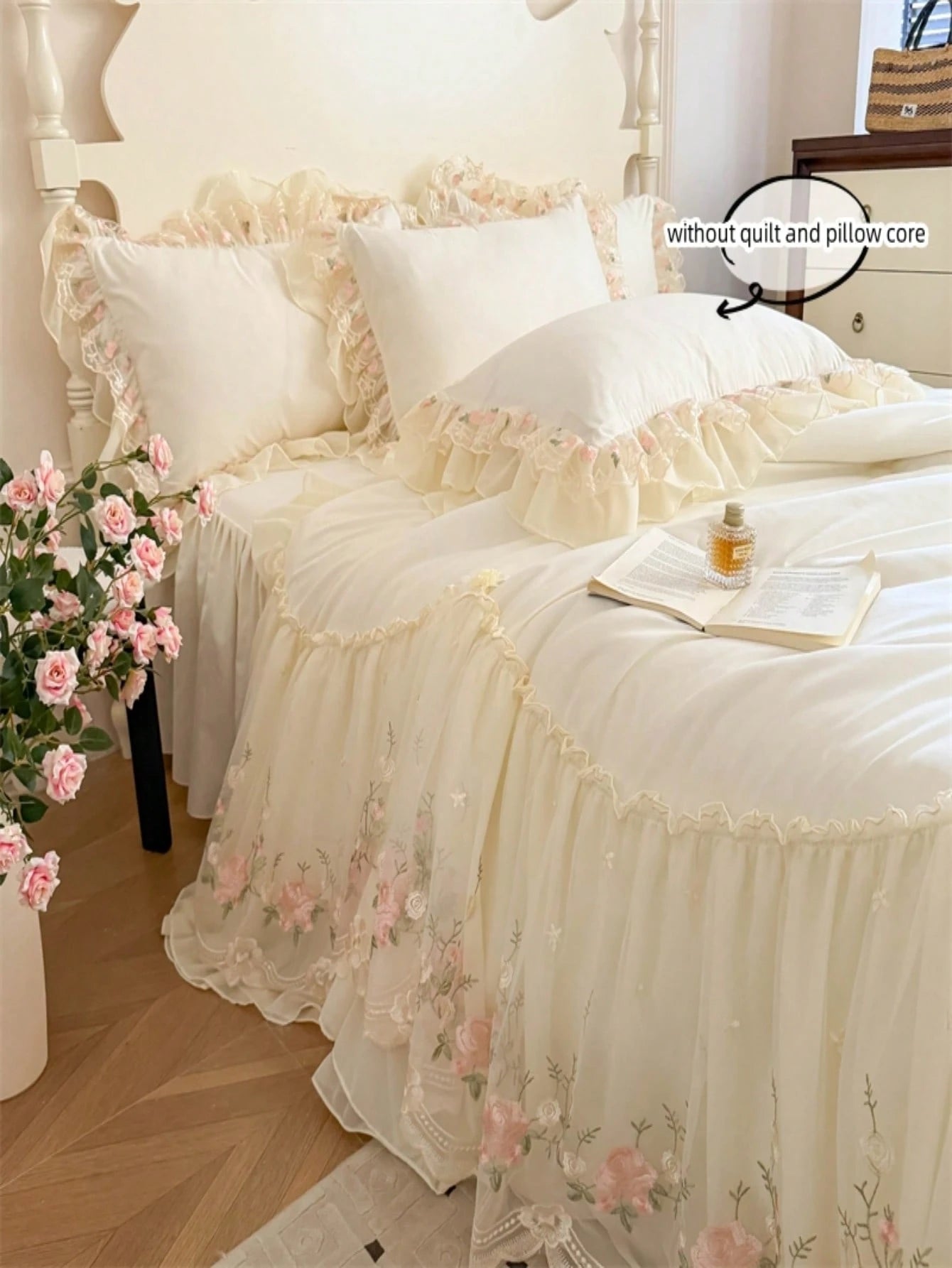 3pcs Princess Style Floral Embroidery Lace Bedding Set, Duvet Cover And Pillowcases (Without Comforter And Pillow Insert)