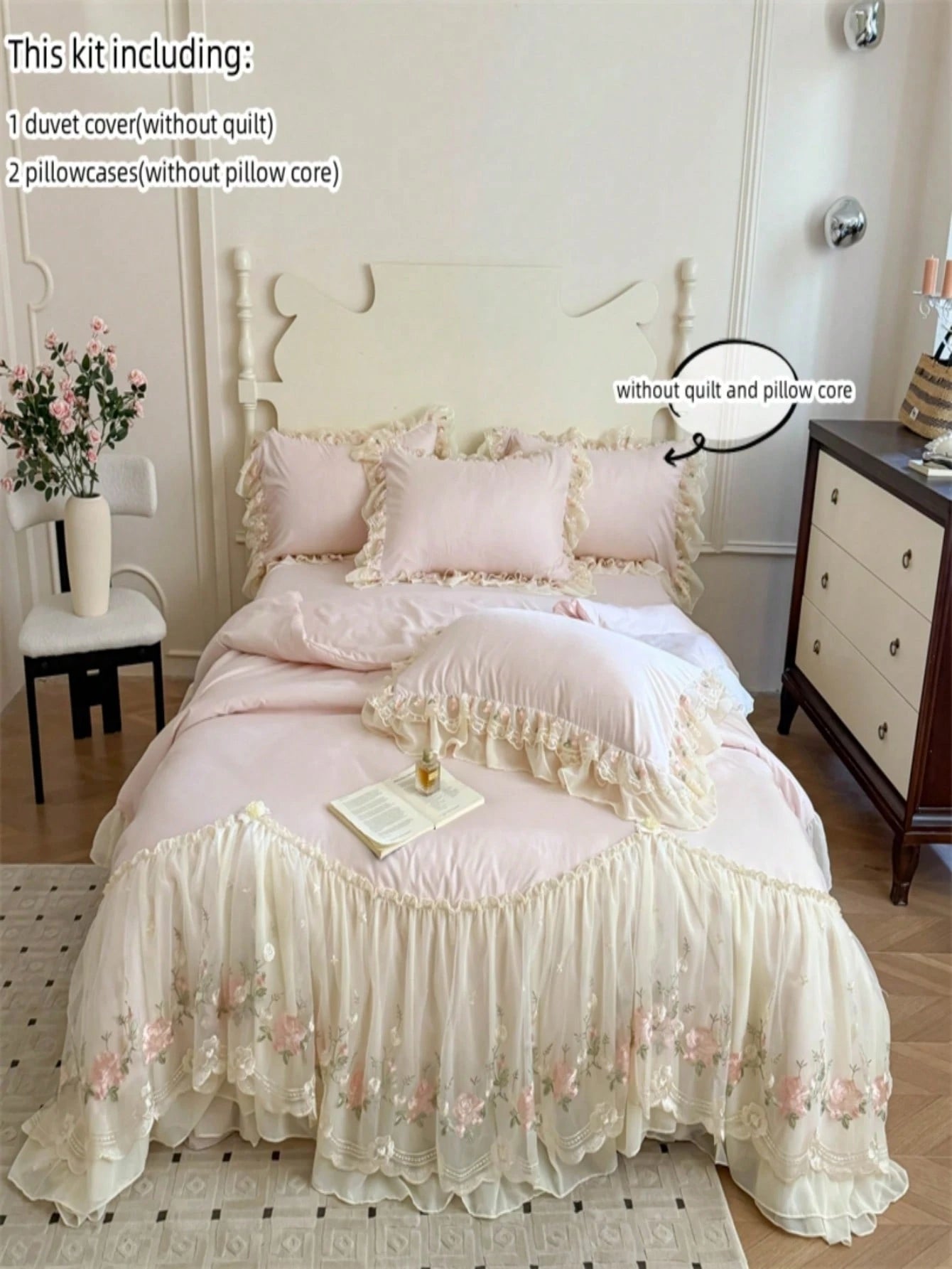 3pcs Princess Style Floral Embroidery Lace Bedding Set, Duvet Cover And Pillowcases (Without Comforter And Pillow Insert)