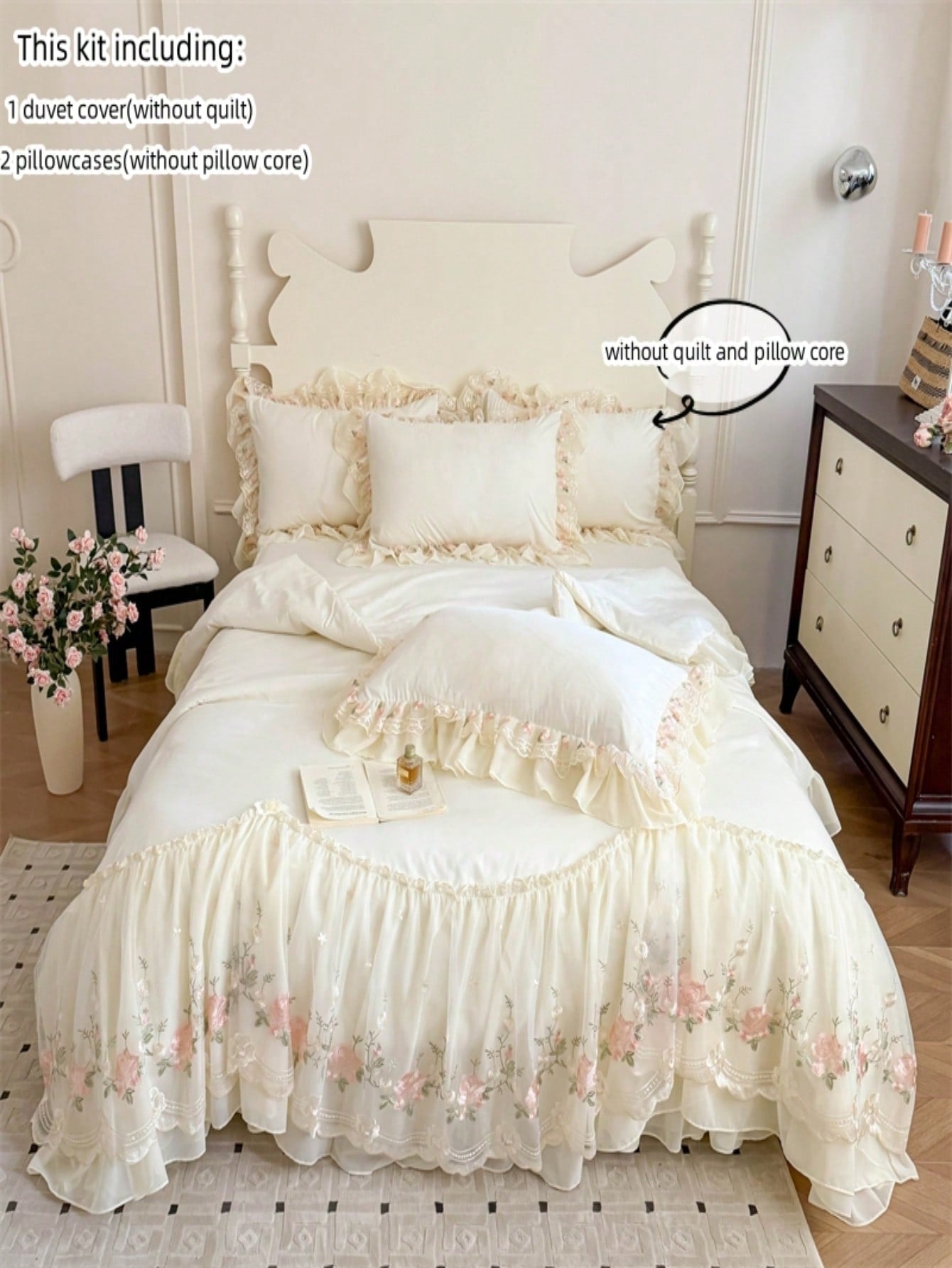 3pcs Princess Style Floral Embroidery Lace Bedding Set, Duvet Cover And Pillowcases (Without Comforter And Pillow Insert)