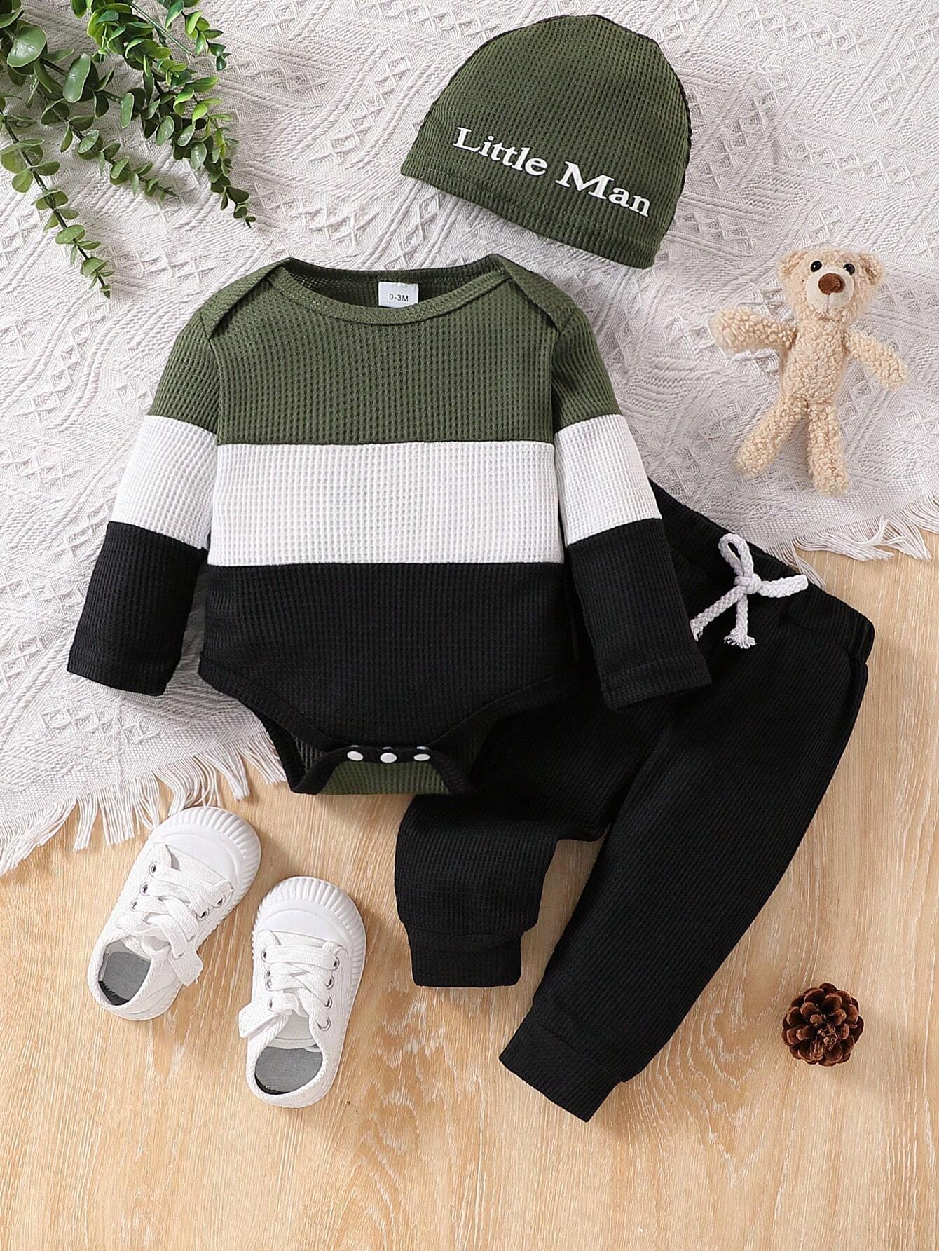 3pcs/Set Baby Boy Contrast Color Patchwork Long Sleeve Bodysuit, Solid Pants And Letter Print Hat