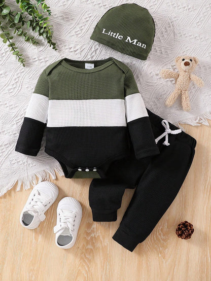 3pcs/Set Baby Boy Contrast Color Patchwork Long Sleeve Bodysuit, Solid Pants And Letter Print Hat