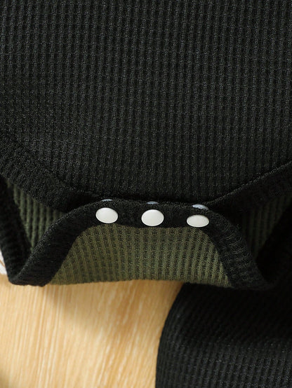 3pcs/Set Baby Boy Contrast Color Patchwork Long Sleeve Bodysuit, Solid Pants And Letter Print Hat