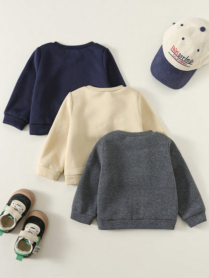 3pcs/Set Baby Boy Sweatshirts,Navy Blue,Summer,Casual Thickened Fleece Solid Color Dinosaur Print Crew Neck Long Sleeve,Comfortable Daily Wear,Autumn