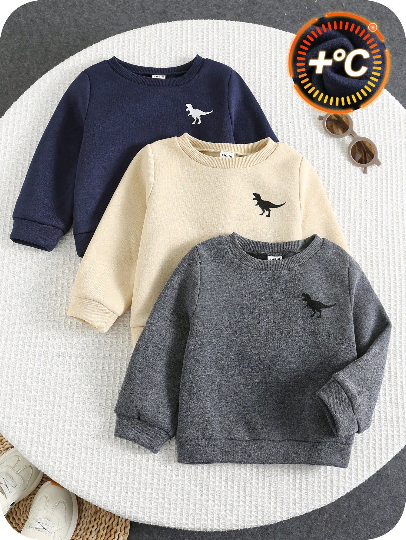 3pcs/Set Baby Boy Sweatshirts,Navy Blue,Summer,Casual Thickened Fleece Solid Color Dinosaur Print Crew Neck Long Sleeve,Comfortable Daily Wear,Autumn