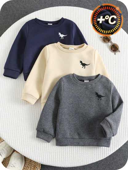 3pcs/Set Baby Boy Sweatshirts,Navy Blue,Summer,Casual Thickened Fleece Solid Color Dinosaur Print Crew Neck Long Sleeve,Comfortable Daily Wear,Autumn