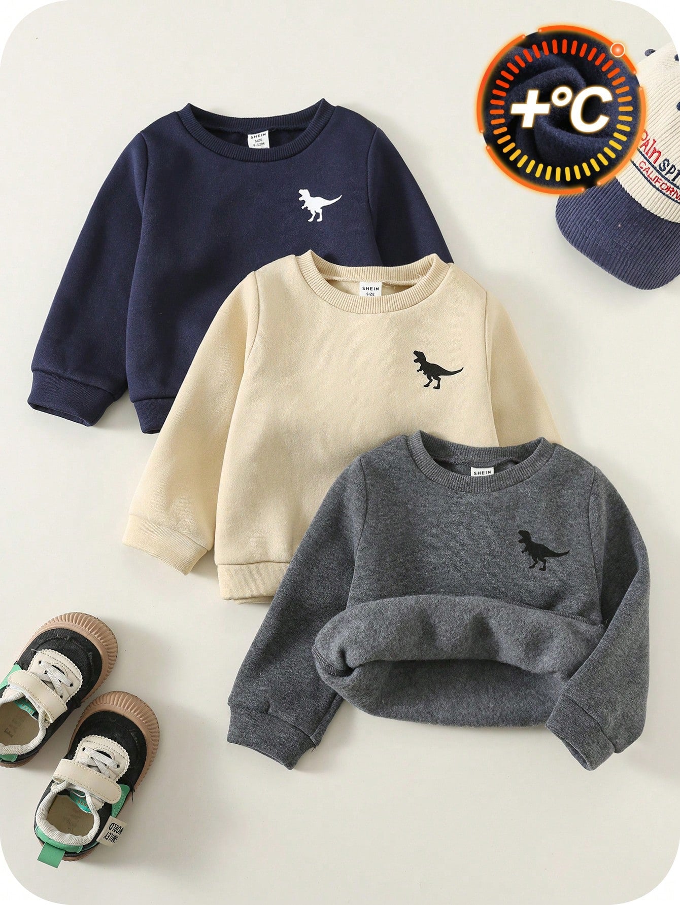 3pcs/Set Baby Boy Sweatshirts,Navy Blue,Summer,Casual Thickened Fleece Solid Color Dinosaur Print Crew Neck Long Sleeve,Comfortable Daily Wear,Autumn