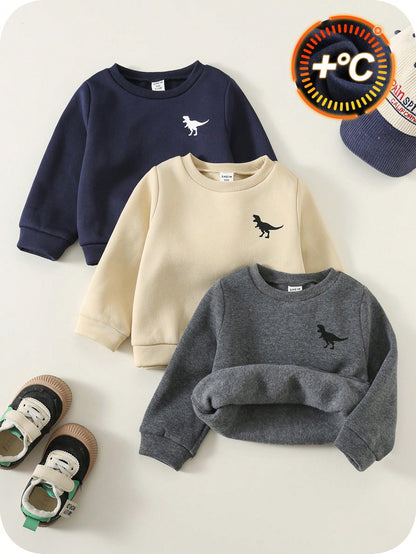 3pcs/Set Baby Boy Sweatshirts,Navy Blue,Summer,Casual Thickened Fleece Solid Color Dinosaur Print Crew Neck Long Sleeve,Comfortable Daily Wear,Autumn