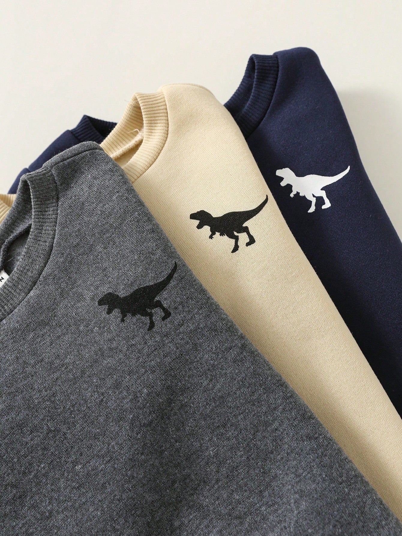 3pcs/Set Baby Boy Sweatshirts,Navy Blue,Summer,Casual Thickened Fleece Solid Color Dinosaur Print Crew Neck Long Sleeve,Comfortable Daily Wear,Autumn
