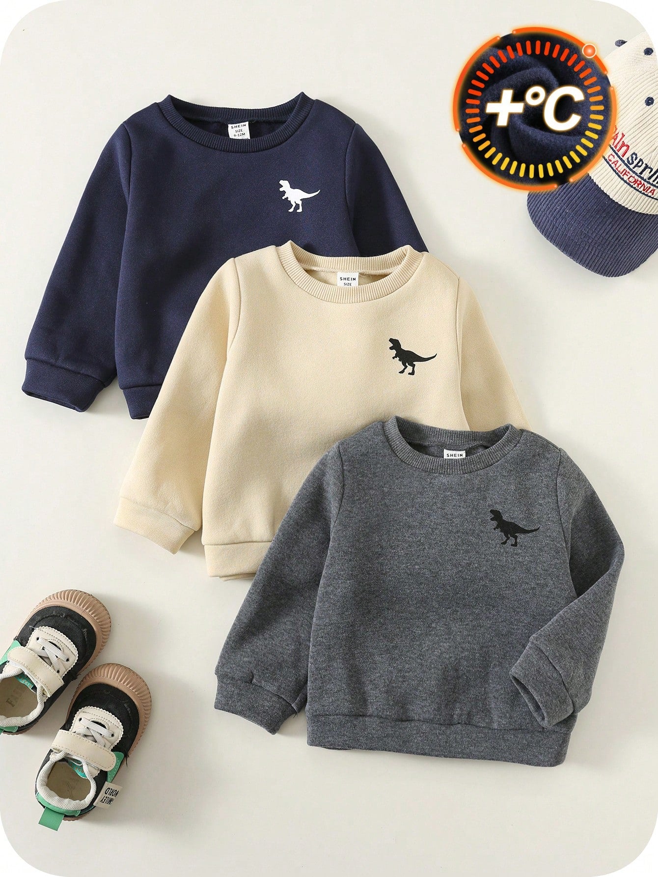 3pcs/Set Baby Boy Sweatshirts,Navy Blue,Summer,Casual Thickened Fleece Solid Color Dinosaur Print Crew Neck Long Sleeve,Comfortable Daily Wear,Autumn