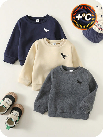 3pcs/Set Baby Boy Sweatshirts,Navy Blue,Summer,Casual Thickened Fleece Solid Color Dinosaur Print Crew Neck Long Sleeve,Comfortable Daily Wear,Autumn