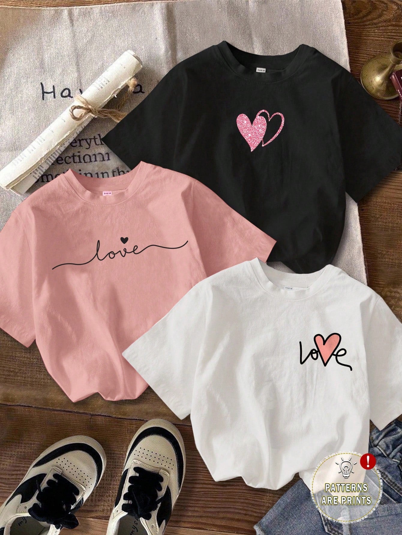 3pcs/Set Casual Minimalist Heart Print Round Neck Short Sleeve Cropped Tight Fit Women T-Shirts Graphic