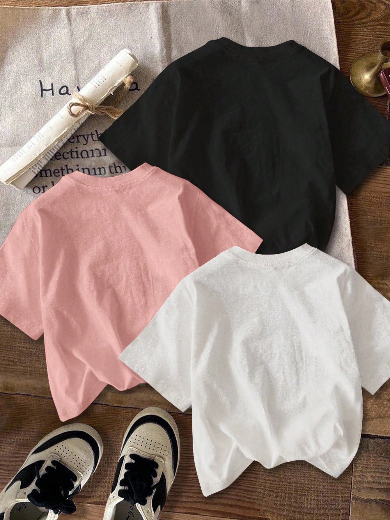 3pcs/Set Casual Minimalist Heart Print Round Neck Short Sleeve Cropped Tight Fit Women T-Shirts Graphic