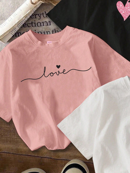 3pcs/Set Casual Minimalist Heart Print Round Neck Short Sleeve Cropped Tight Fit Women T-Shirts Graphic