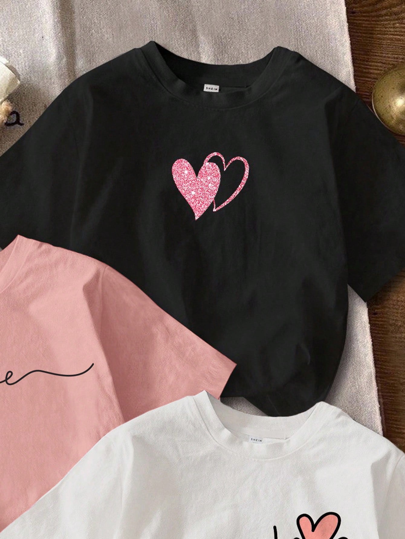 3pcs/Set Casual Minimalist Heart Print Round Neck Short Sleeve Cropped Tight Fit Women T-Shirts Graphic