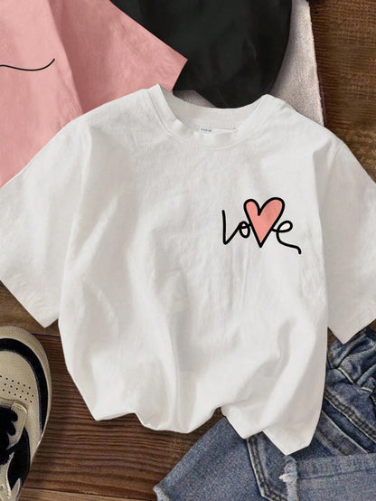 3pcs/Set Casual Minimalist Heart Print Round Neck Short Sleeve Cropped Tight Fit Women T-Shirts Graphic