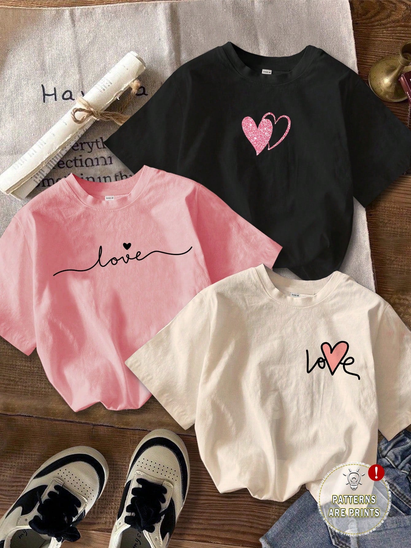 3pcs/Set Casual Minimalist Heart Print Round Neck Short Sleeve Cropped Tight Fit Women T-Shirts Graphic