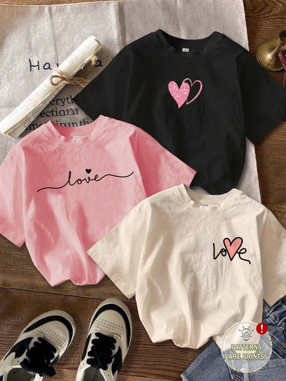 3pcs/Set Casual Minimalist Heart Print Round Neck Short Sleeve Cropped Tight Fit Women T-Shirts Graphic