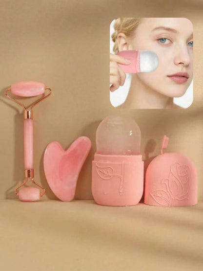 3pcs/Set Facial Gua Sha Massage Ice Mask Tool Roller Body Scraping Board Pink Tool Set Body Clearing Facial Beauty Lifting Massage