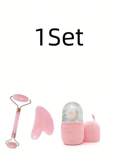 3pcs/Set Facial Gua Sha Massage Ice Mask Tool Roller Body Scraping Board Pink Tool Set Body Clearing Facial Beauty Lifting Massage