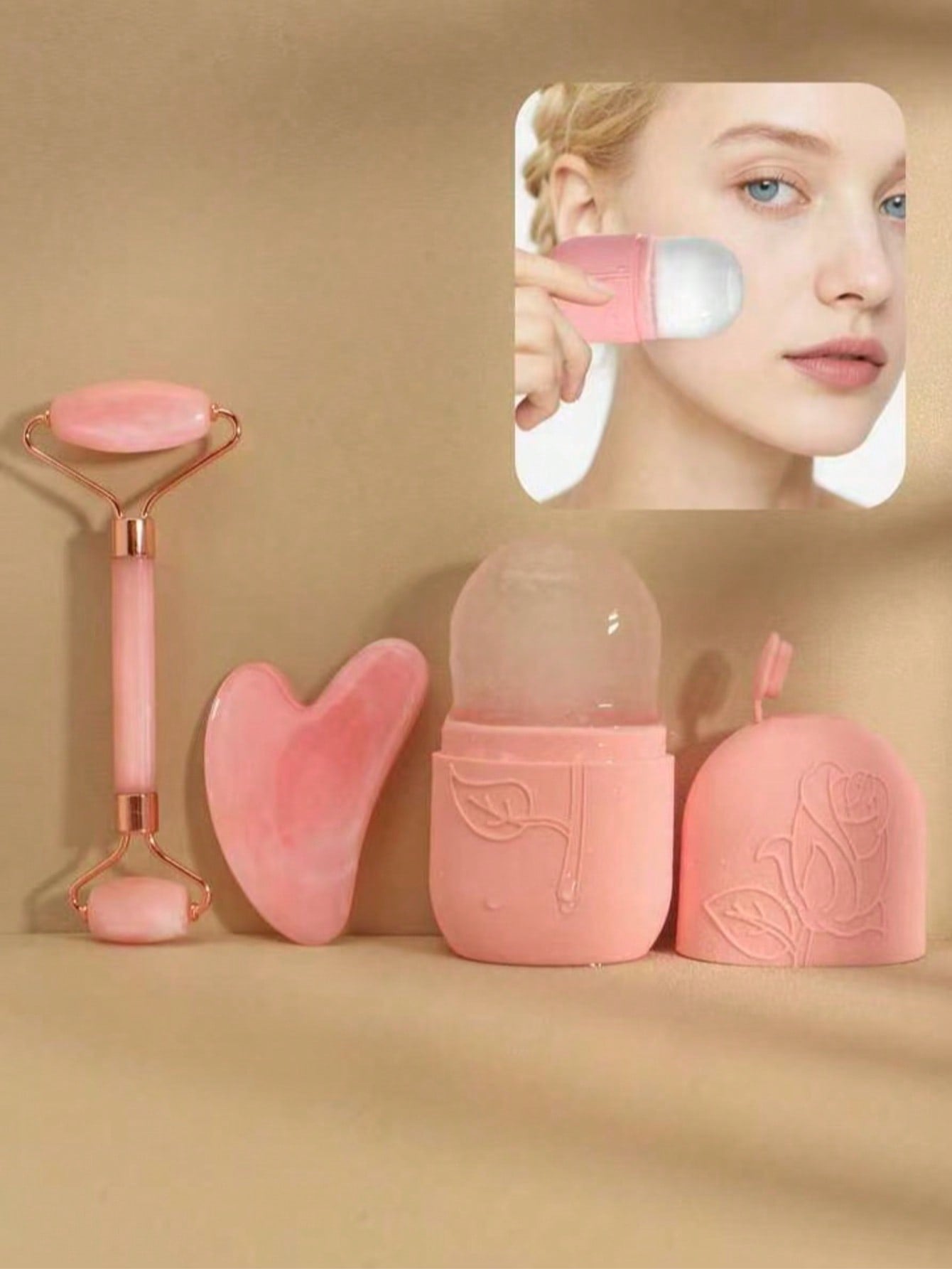 3pcs/Set Facial Gua Sha Massage Ice Mask Tool Roller Body Scraping Board Pink Tool Set Body Clearing Facial Beauty Lifting Massage