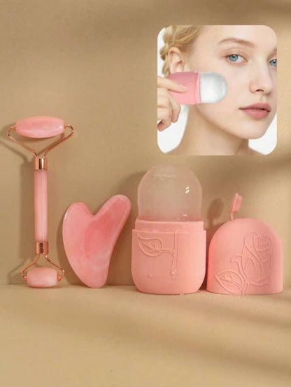 3pcs/Set Facial Gua Sha Massage Ice Mask Tool Roller Body Scraping Board Pink Tool Set Body Clearing Facial Beauty Lifting Massage