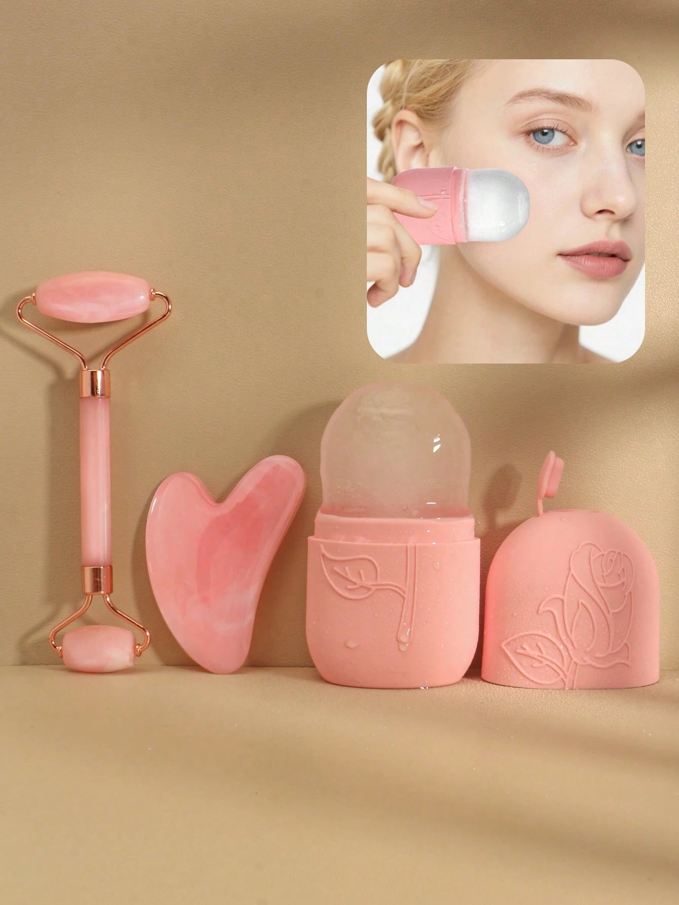 3pcs/Set Facial Massage Scraping Beauty Tool Kit- Face Roller, Massage Stick, Ice Gel Pack, Pink Body Meridian Massage Cupping Tool Set,Beauty,Skin Care Products,Spa,Self Care,Skin Care Tools,Face Ca