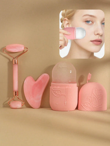 3pcs/Set Facial Massage Scraping Beauty Tool Kit- Face Roller, Massage Stick, Ice Gel Pack, Pink Body Meridian Massage Cupping Tool Set,Beauty,Skin Care Products,Spa,Self Care,Skin Care Tools,Face Ca