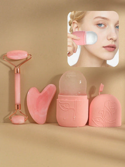 3pcs/Set Facial Massage Scraping Beauty Tool Kit- Face Roller, Massage Stick, Ice Gel Pack, Pink Body Meridian Massage Cupping Tool Set,Beauty,Skin Care Products,Spa,Self Care,Skin Care Tools,Face Ca